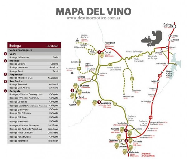 Rota do Vinho e Roteiro de Salta a Cafayate (em vermelho) - Argentina