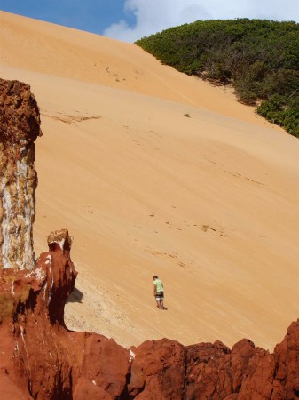 Falésias, dunas, vegetação e céu azul