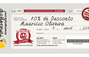 Imprima seu cheque de 10% de desconto para comer no Camilas Restaurante em Orlando ou Miami